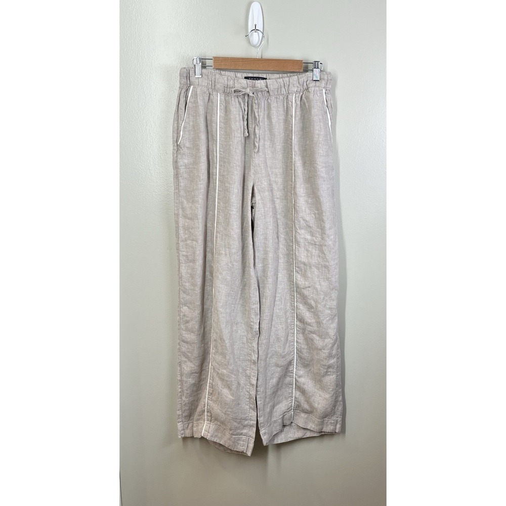 Tahari Wide Leg Pants Beige Pull On Coastal Beach Resort Vacation Cruise Sz Lg